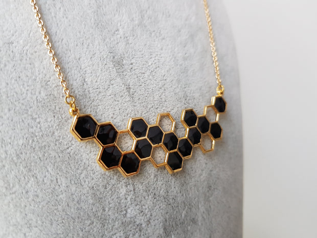 (Restocked) Honeycomb Brass Necklace with 18k Gold Plating (BLACK)