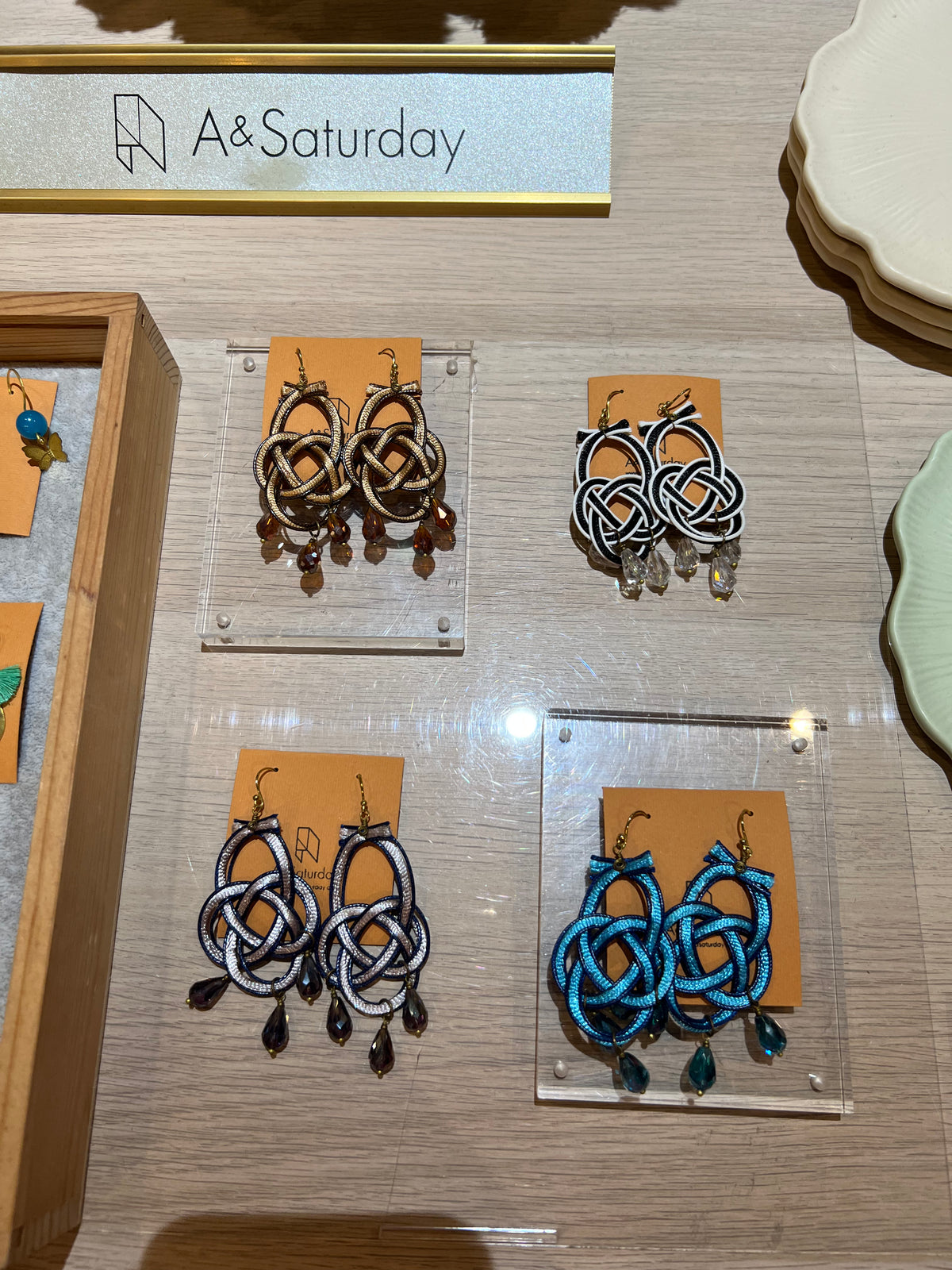 Maarni Japanese Cord Earrings (Blue and Brown With Black Crystal)