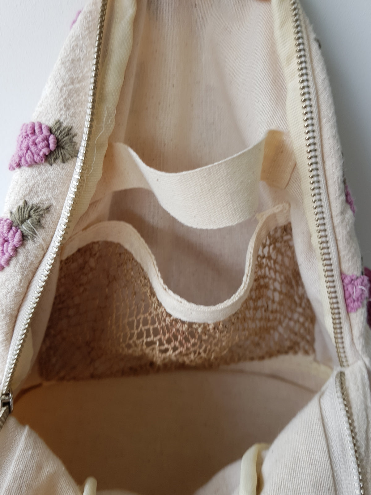 Nami Hand Embroidered Bagpack (White fabric w Purple stitches)