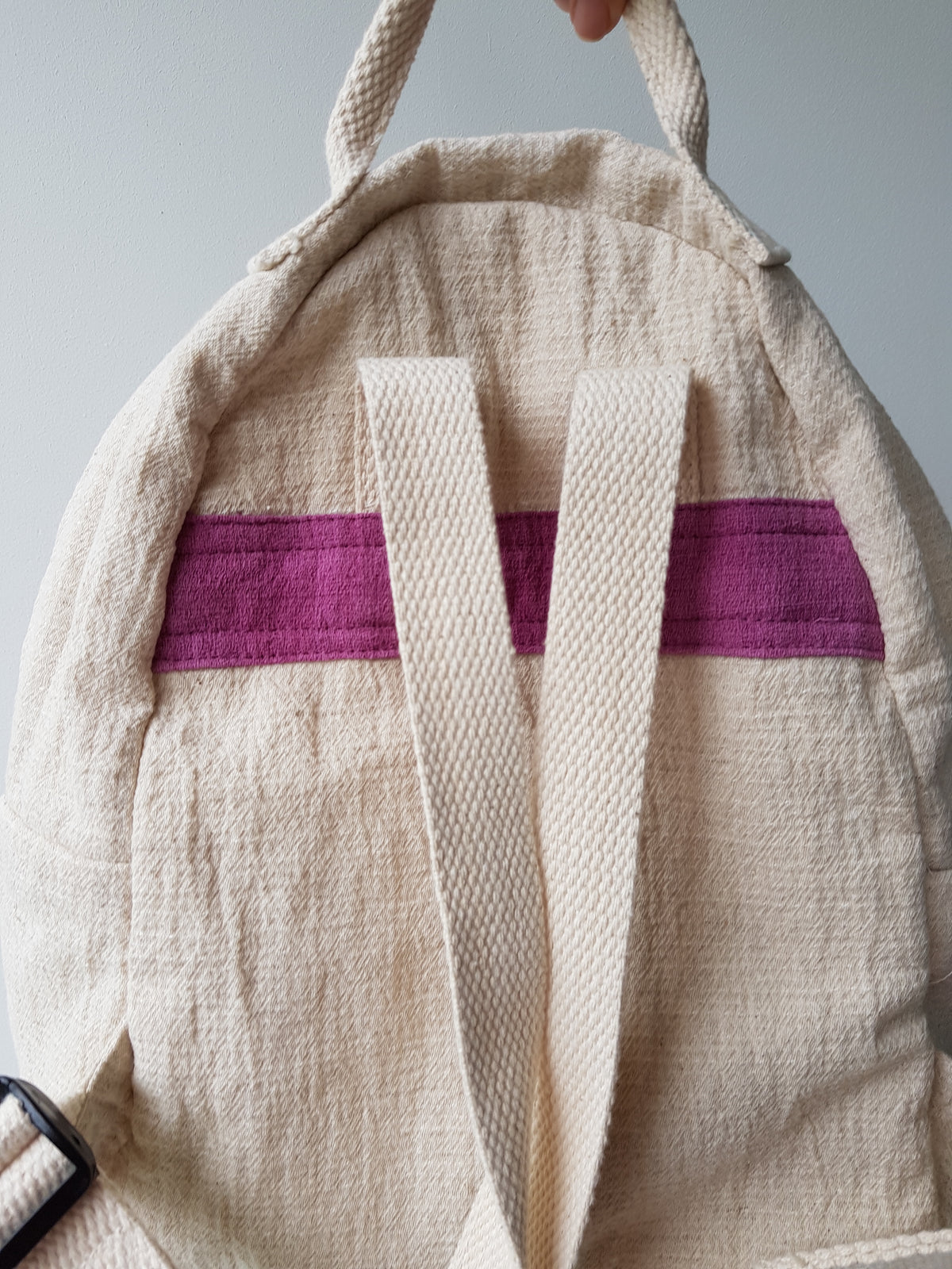 Nami Hand Embroidered Bagpack (White fabric w Purple stitches)