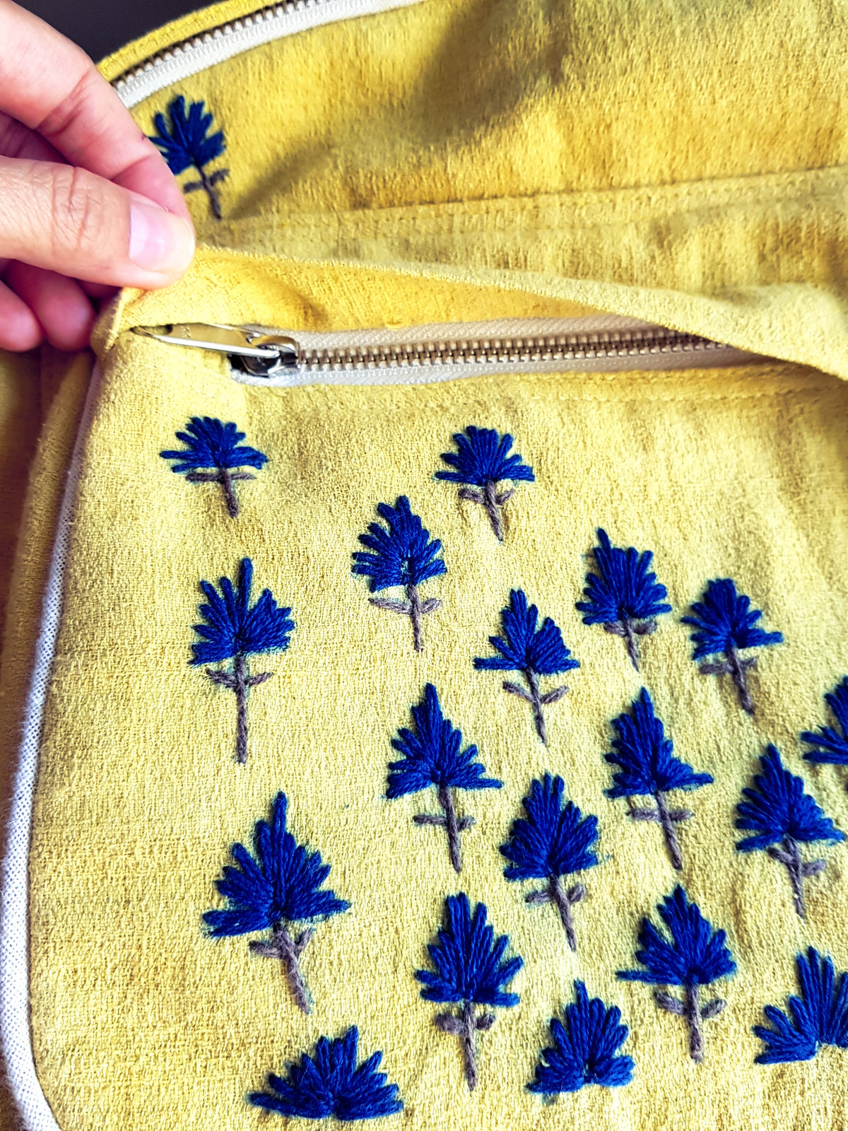 Nami Hand Embroidered Bagpack (Yellow Fabric w Blue Stitches)