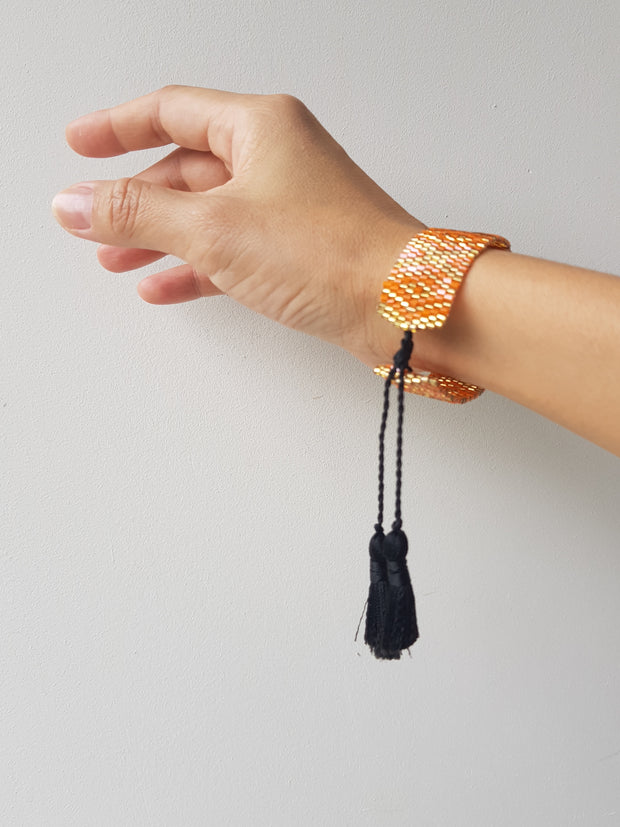 Finn Beaded Bracelet With Tassels (Orange&Gold-Large)