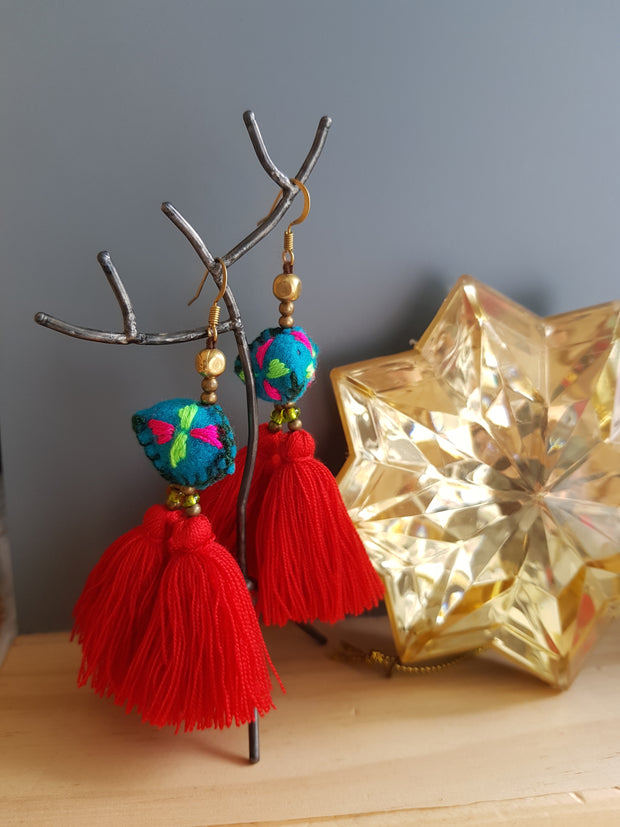 Tira Embroidered Earrings (Red Tassels with Blue Felt)