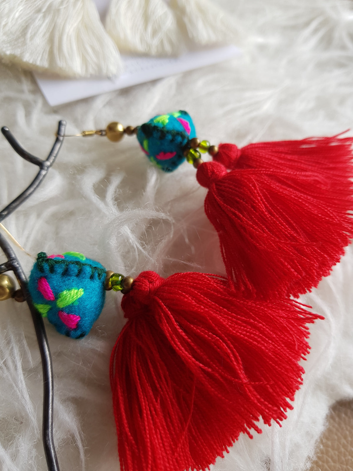 Tira Embroidered Earrings (Red Tassels with Blue Felt)