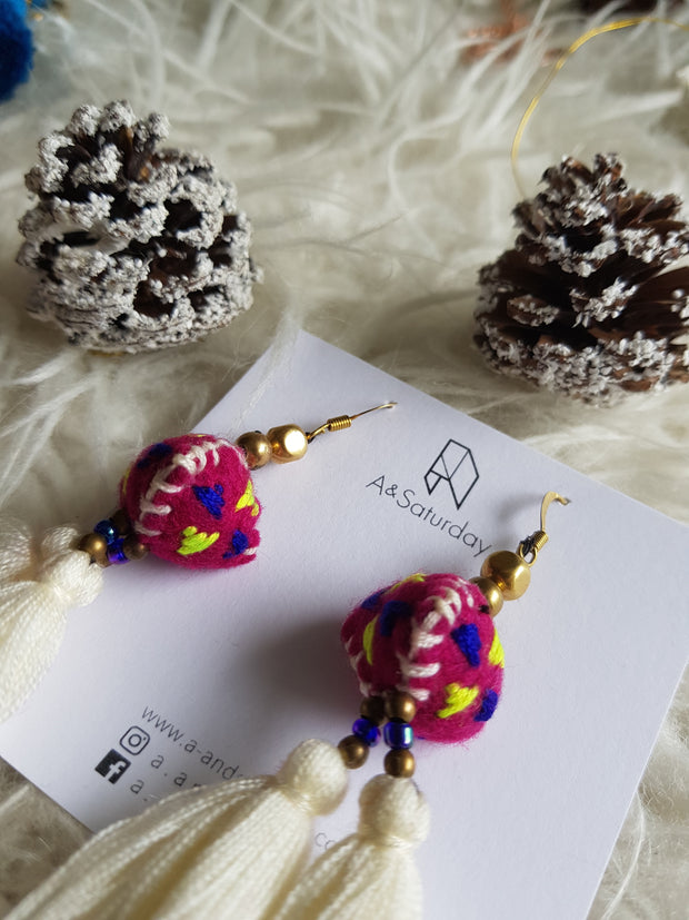 Tira Embroidered Earrings (White Tassels with Pink Felt)