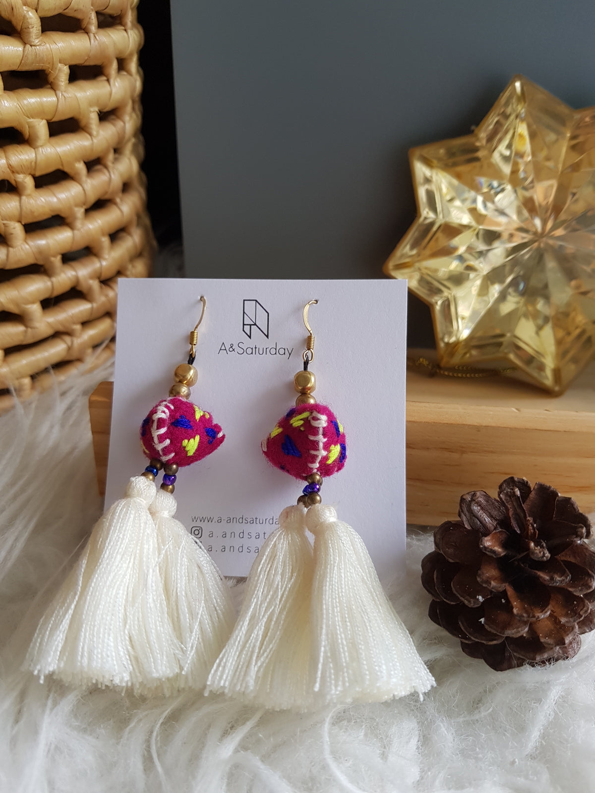 Tira Embroidered Earrings (White Tassels with Pink Felt)