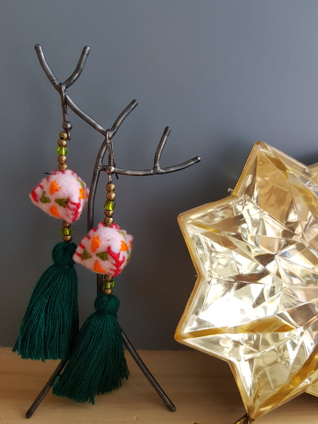 Tira Embroidered Earrings (Pink Felt with Green Tassel)