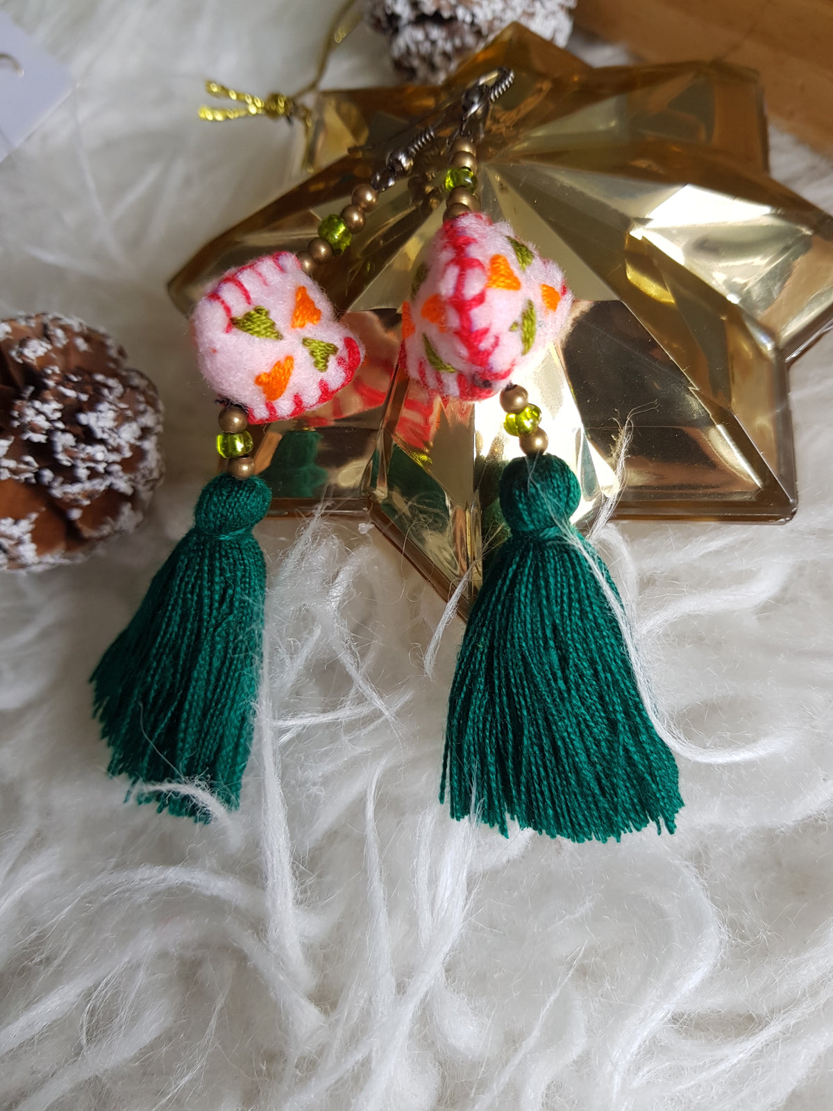 Tira Embroidered Earrings (Pink Felt with Green Tassel)