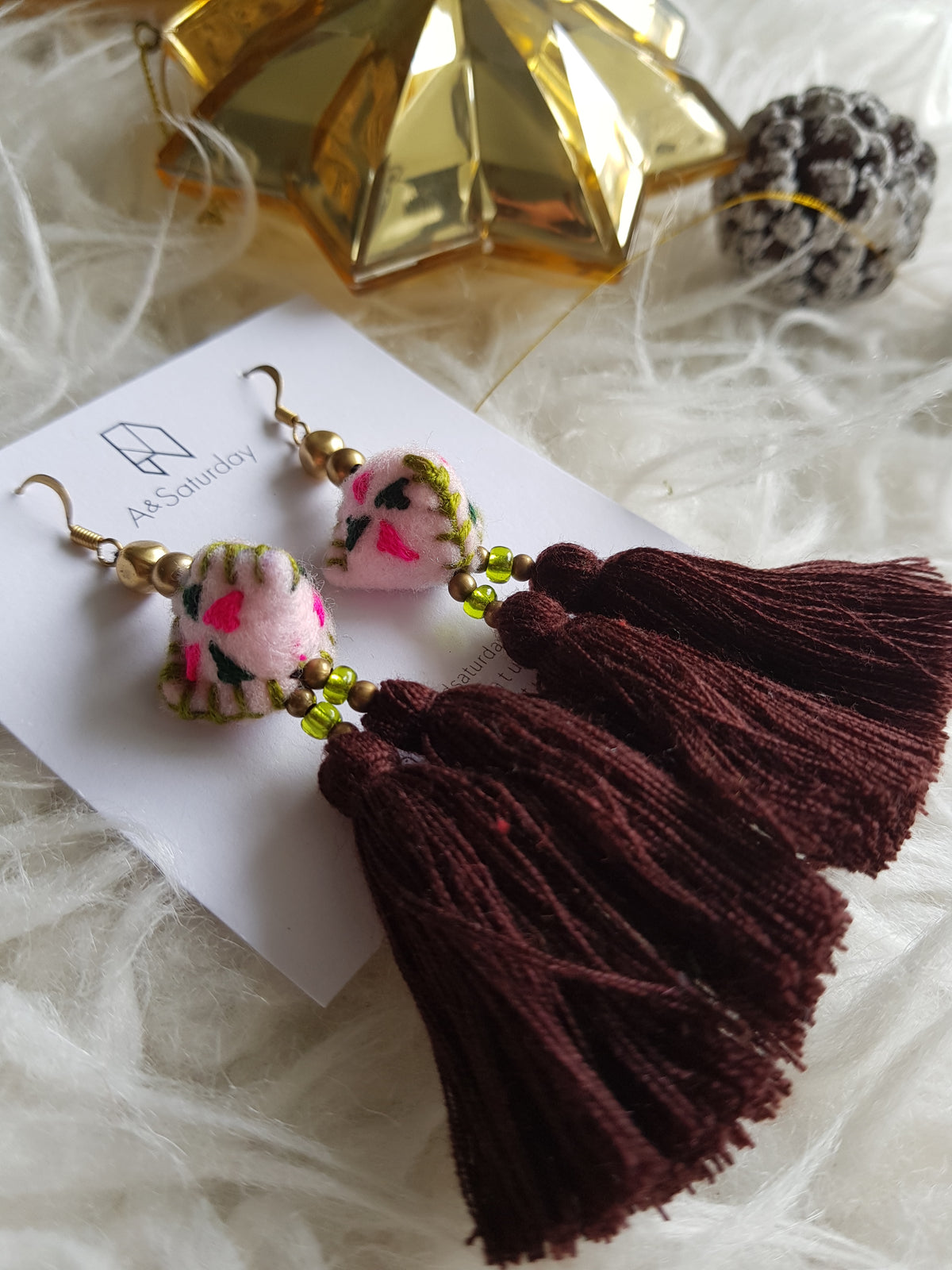 Tira Embroidered Earring (Pink Felt With Double Brown Tassel)