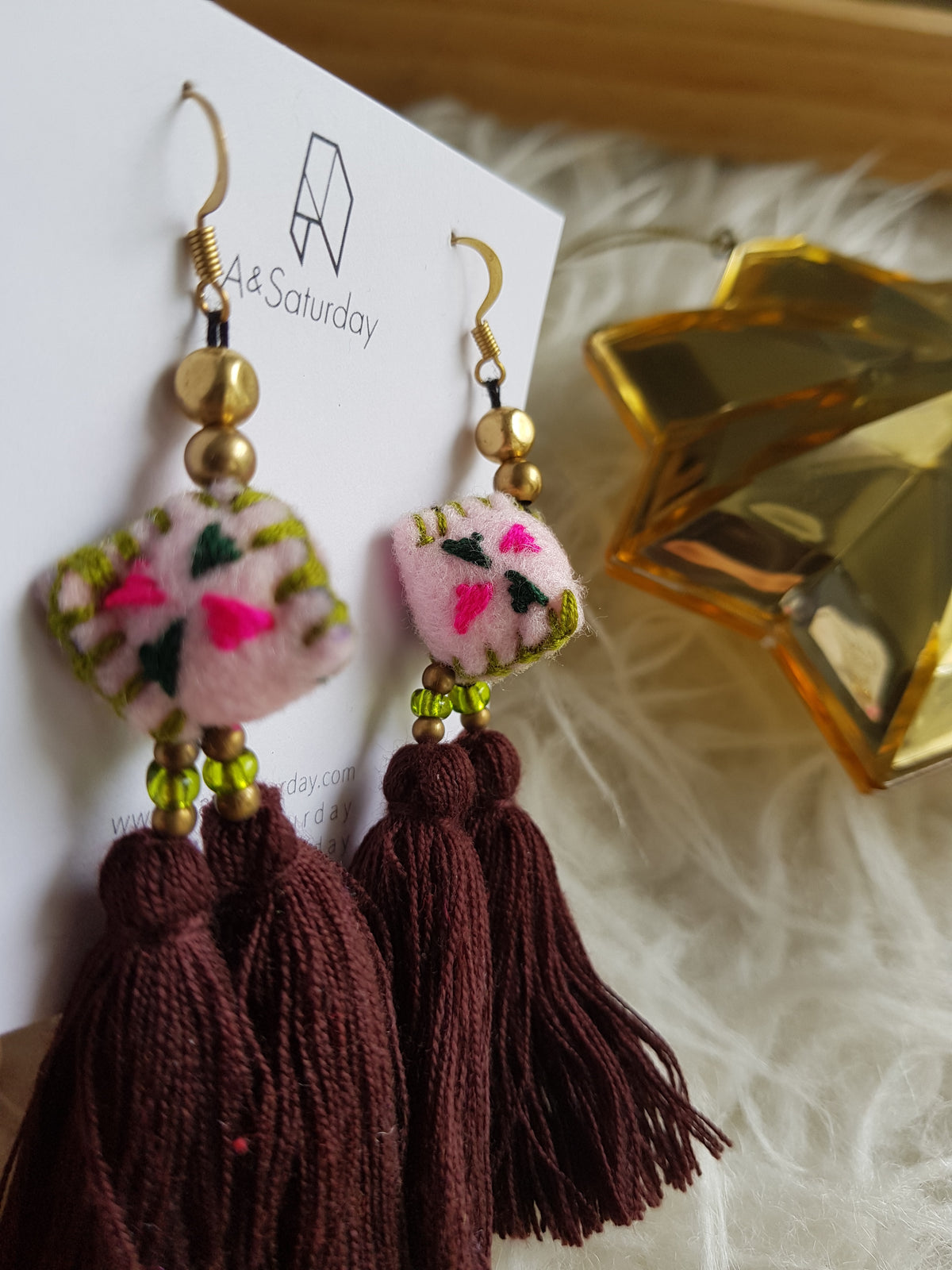 Tira Embroidered Earring (Pink Felt With Double Brown Tassel)