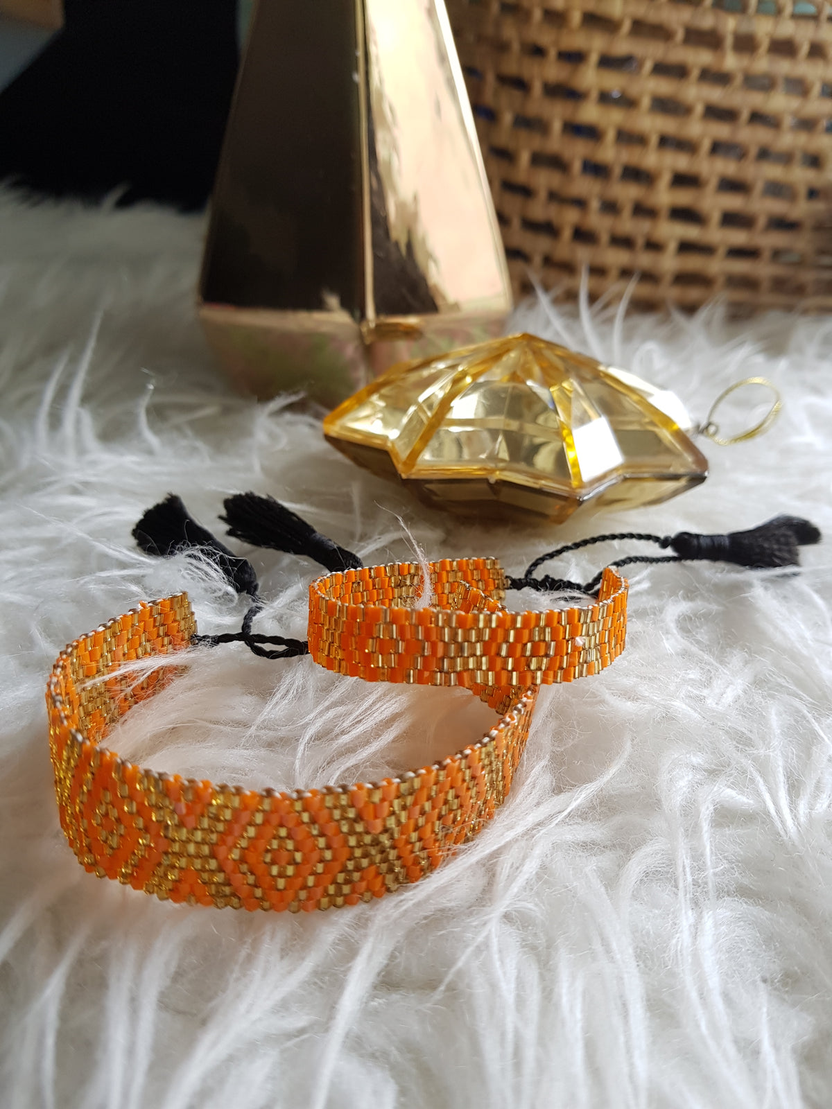 Finn Beaded Bracelet With Tassels (Orange&Gold-Large)