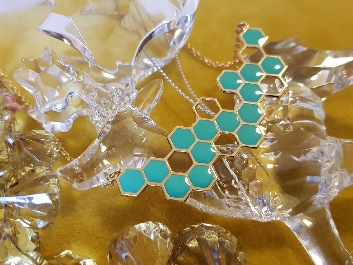 Honeycomb Brass Necklace with gold plating (Sea Foam Green)