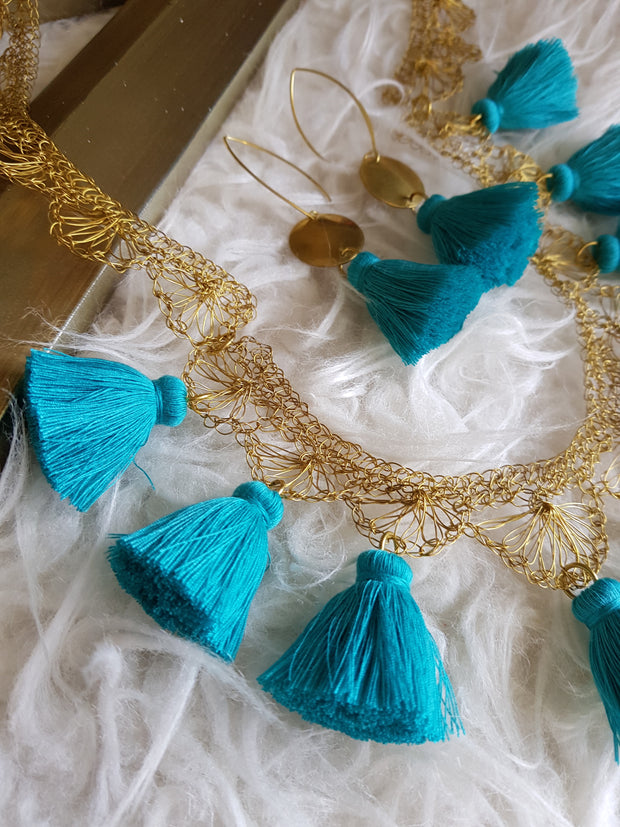 Louisa Hand Woven Brass Necklace (Turquoise)