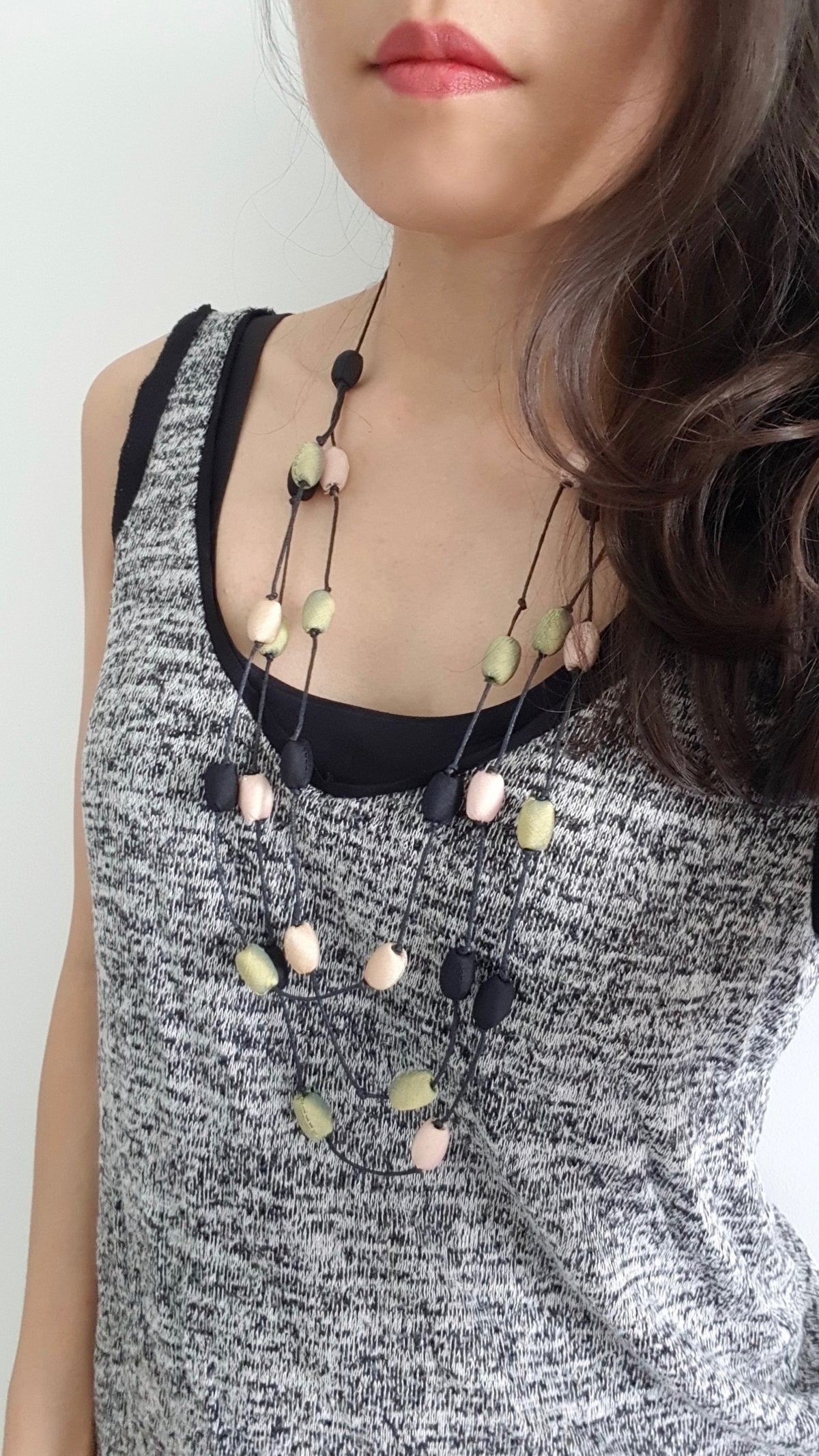 Leela Silk Necklace- Green+Light Brown+Black (3 layered)