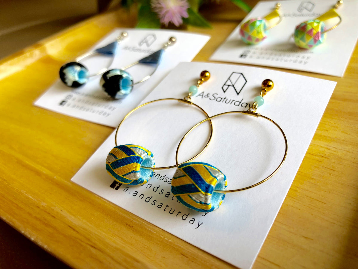 Edo Earrings Collection (Hoop with Blue+Yellow Silk Thimbles) - 10% off
