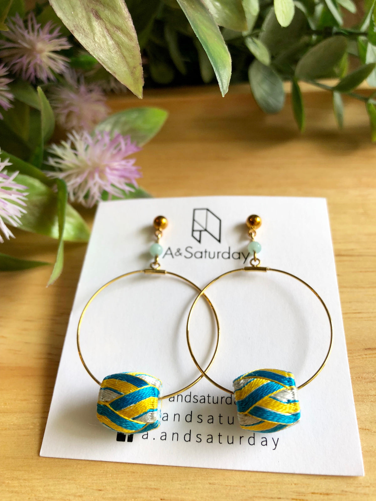 Edo Earrings Collection (Hoop with Blue+Yellow Silk Thimbles) - 10% off