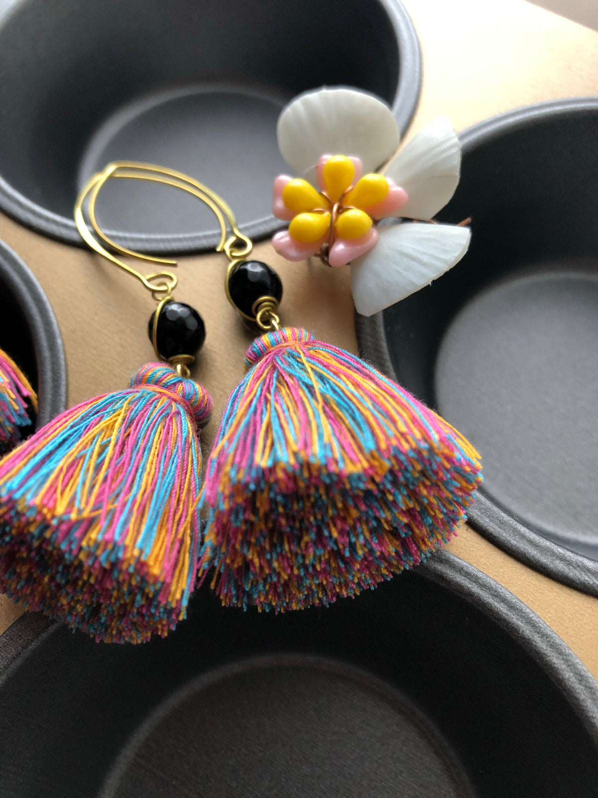 Naris Tassel Earrings (mixed colours tassels + onyx)