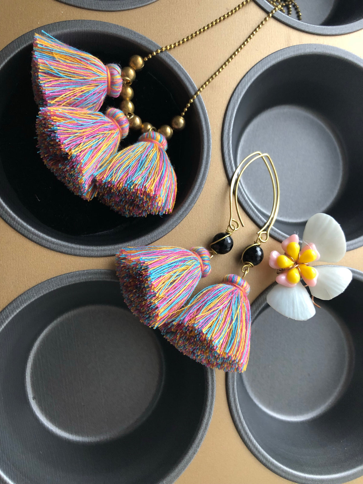 Naris Tassel Earrings (mixed colours tassels + onyx)