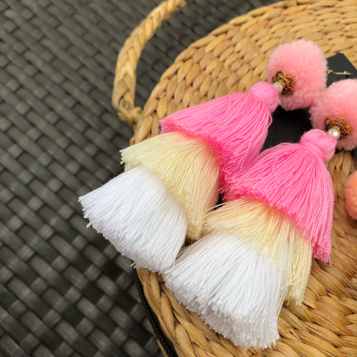 Warin Three Tiers Earrings Size L(Pink Pom +Pink, Yellow, White Tassel)