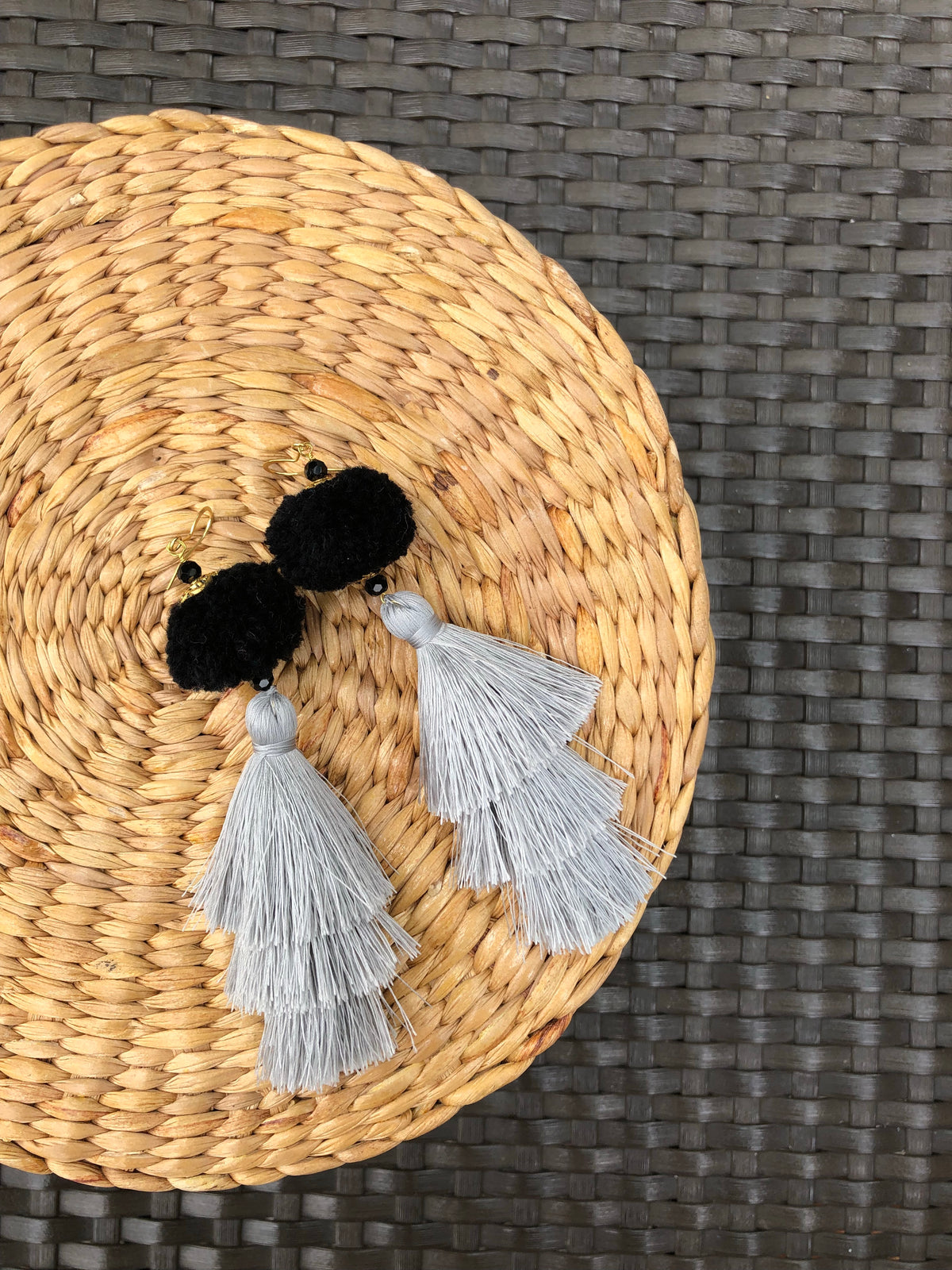 Warin Three Tier Tassel Earrings Size (Black Pom + Grey Tassel)