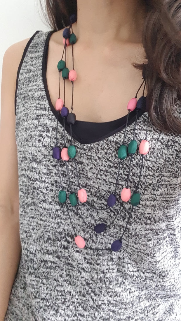 Leela Silk Necklace- Powder Pink+Green+Purple (3 layered)