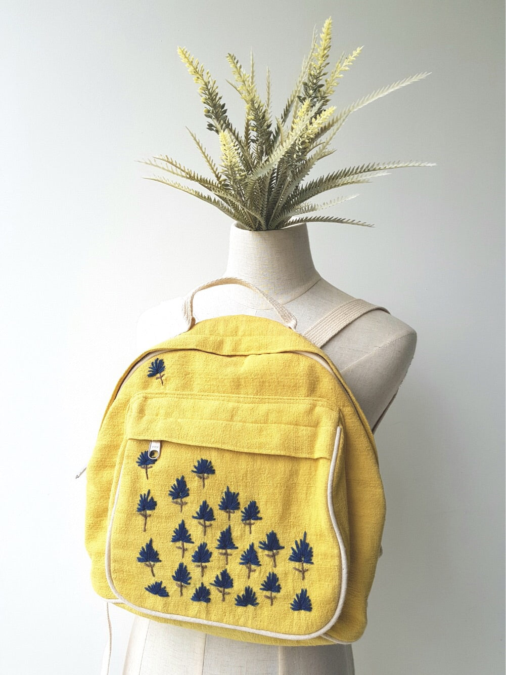 Nami Hand Embroidered Bagpack (Yellow Fabric w Blue Stitches)