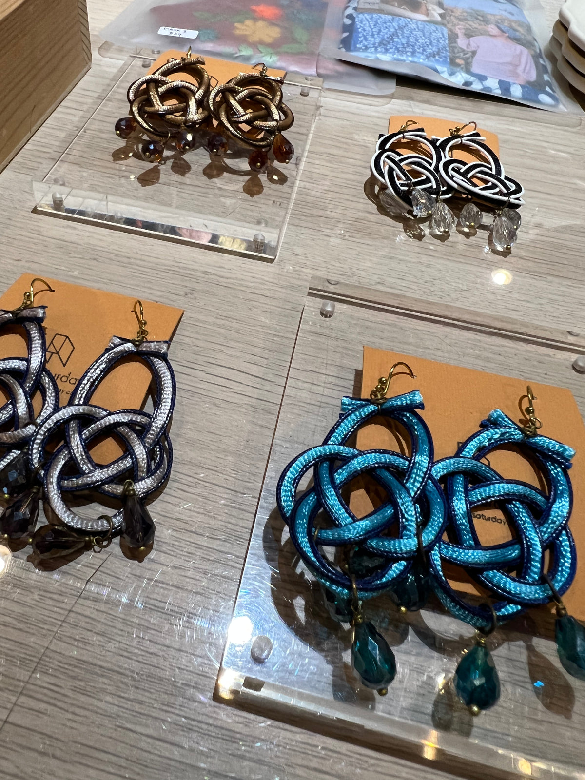 Maarni Japanese Cord Earrings (Blue and Brown With Black Crystal)