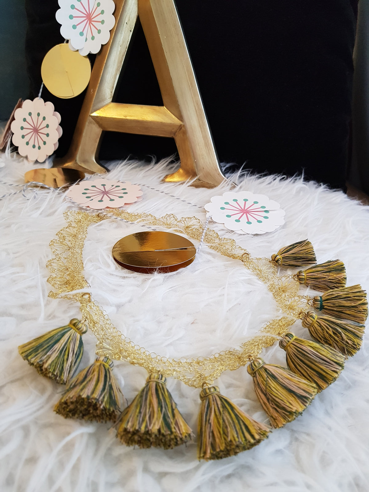 Louisa Crochet Brass Necklace (Mixed Colours-Gold, Pink, Green)