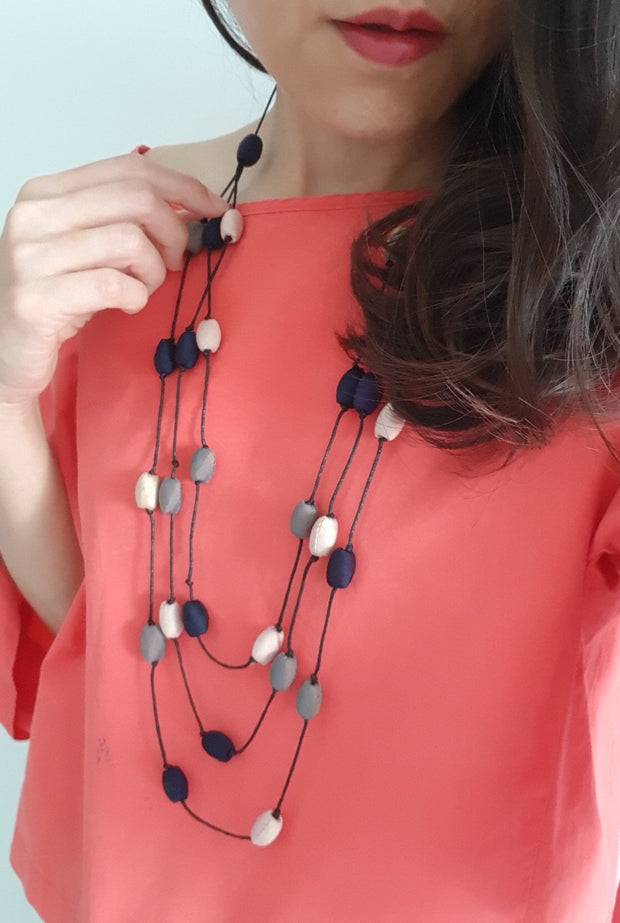 Leela Silk Necklace- Dark Blue+Light Brown+Grey