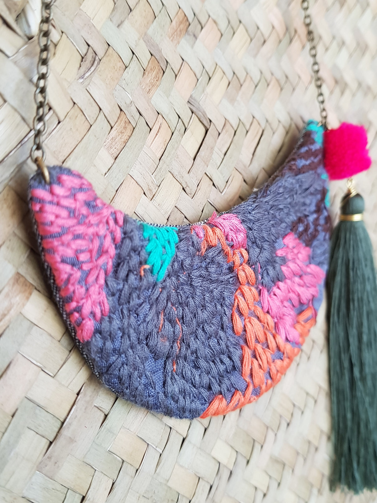 Embroidered Happy Moon Necklace