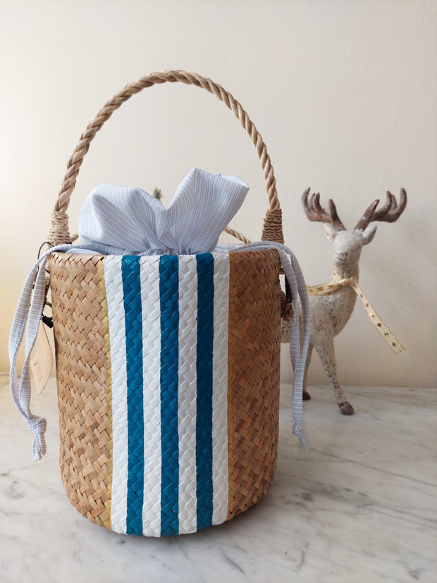 Seaside blue stripe woven bucket with sling