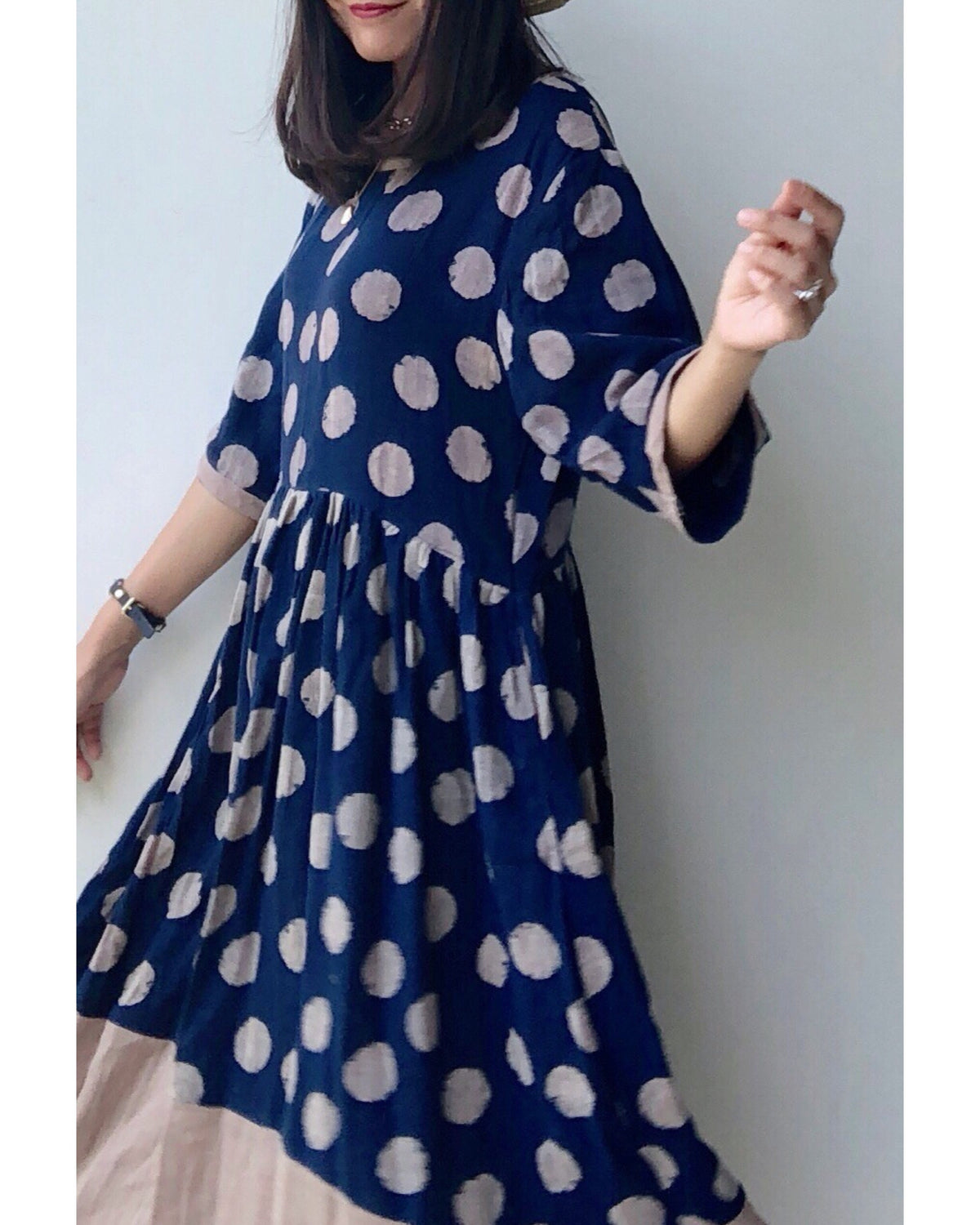 Hand Dyed Indigo Mika Polka Dots Dress (Free size )